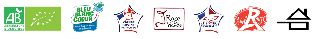 Labels Agriculture biologique, Bleu-Blanc-Cœur, Viande bovine Française, Race à viande, Viande porcine Française, Label Rouge, Fait-maison